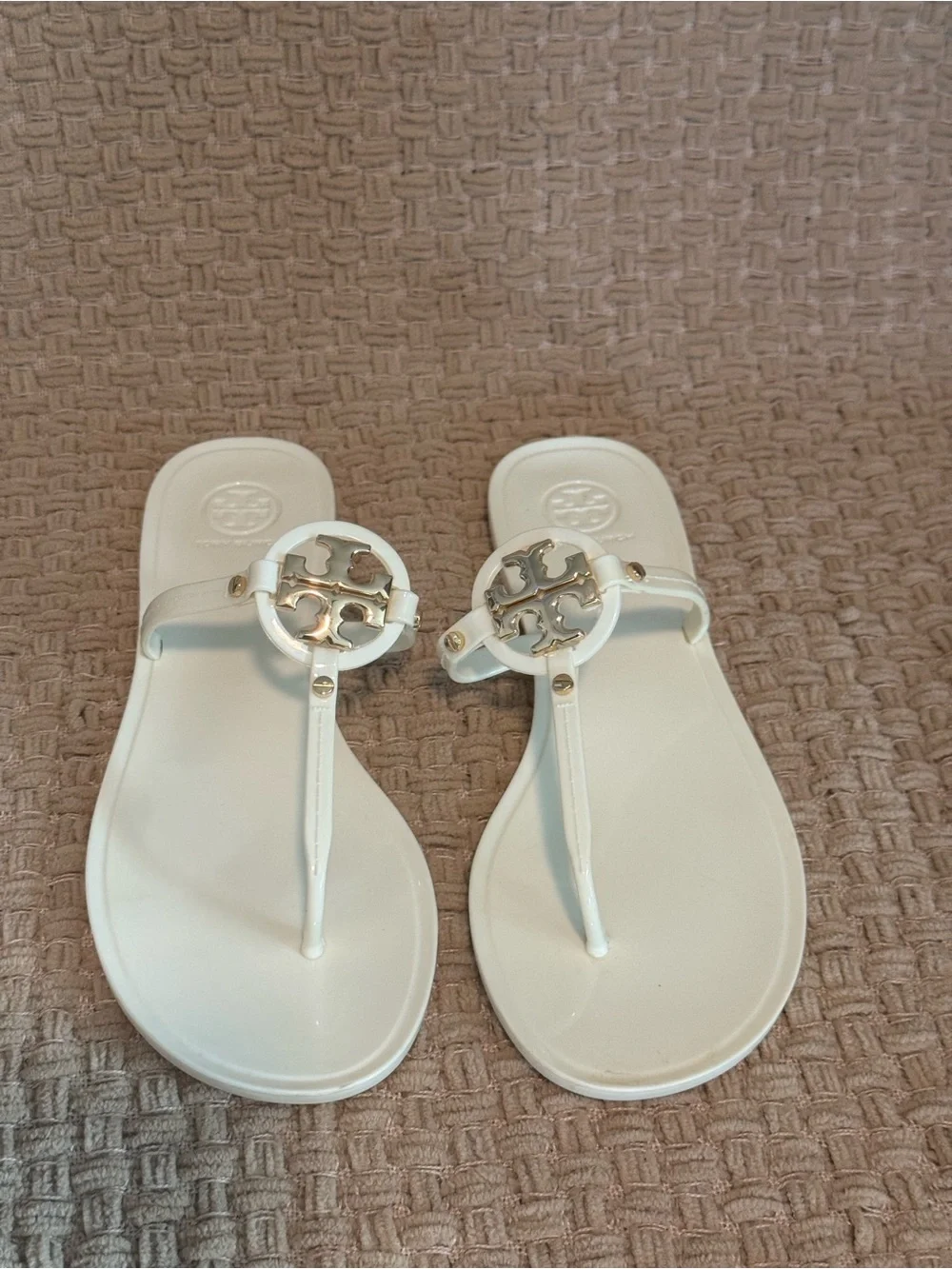 Tory Burch White Miller Logo Thong Sandals with Gold Emblem